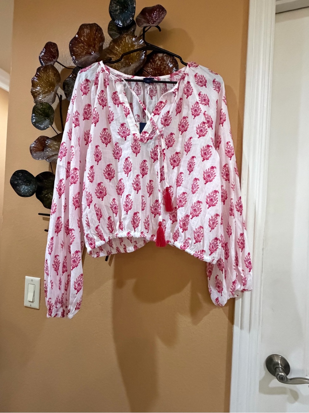 Roller Rabbit White Blouse with Pink Floral Print and Tassel Tie